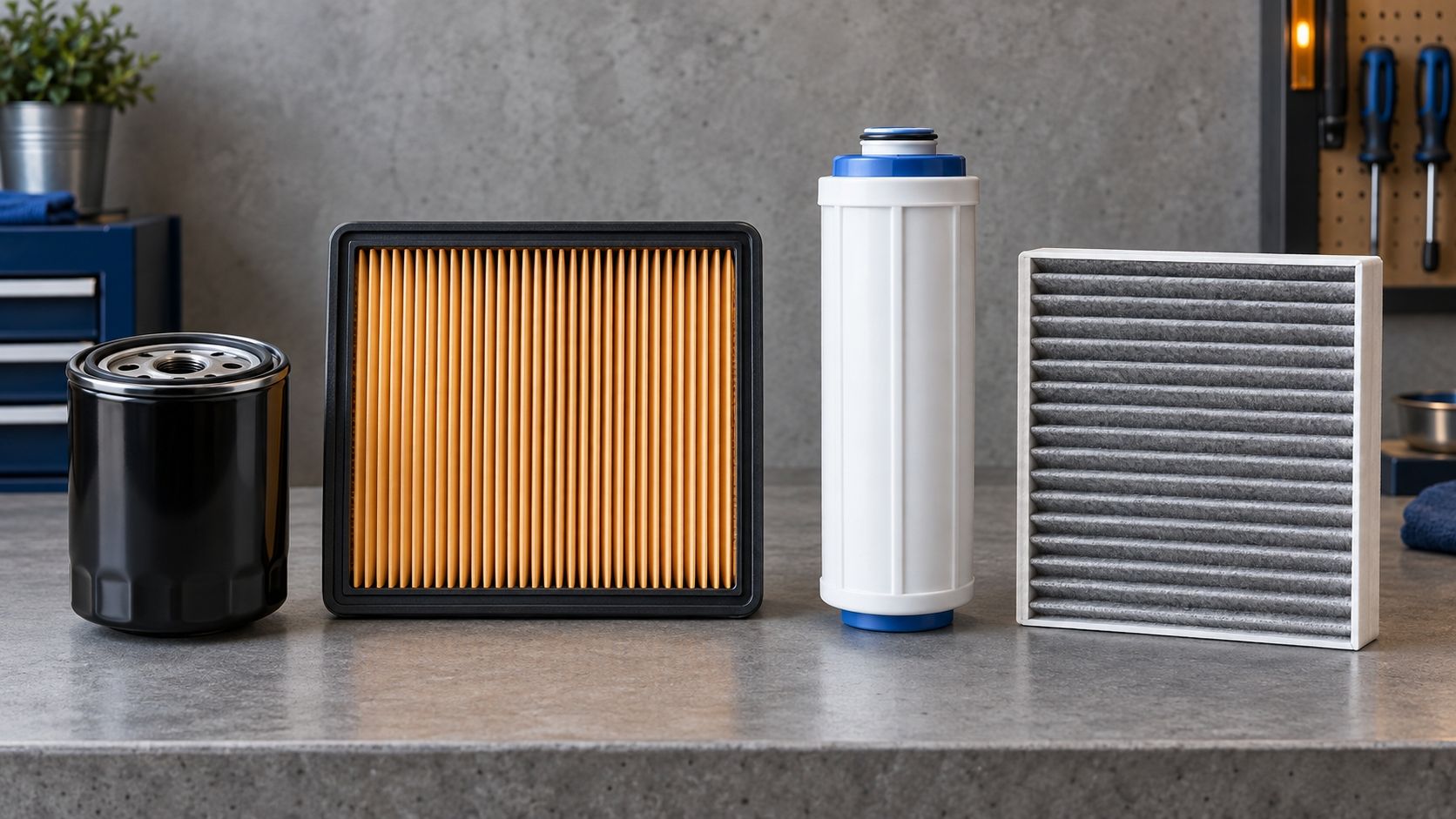 A row of oil, air, water and cabin filters on a workshop bench