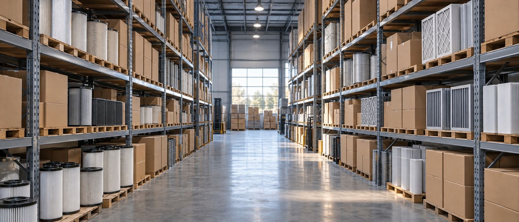 Boxes of filters stacked on warehouse shelves